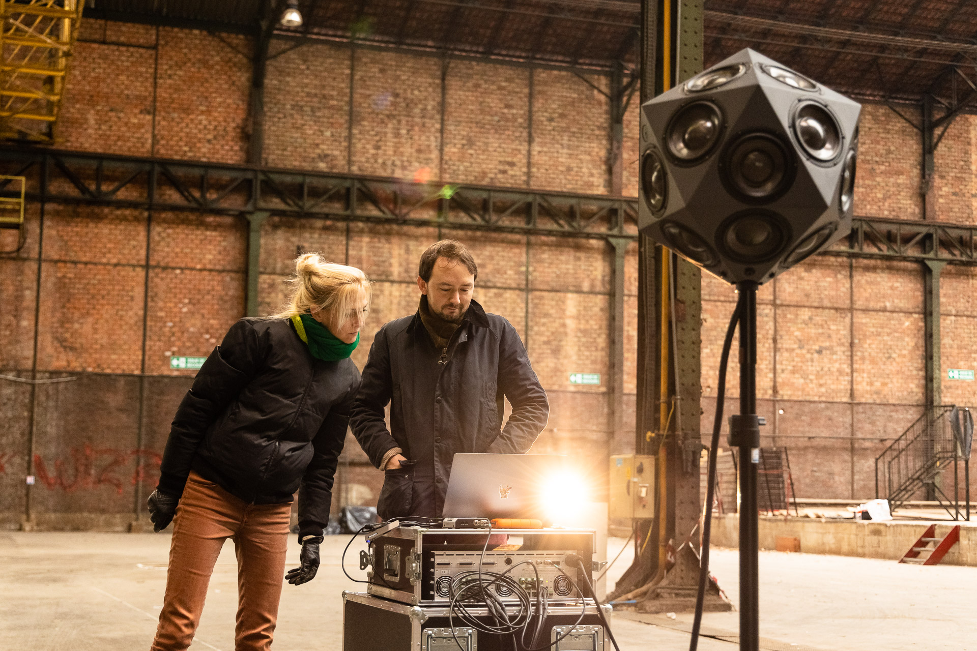 Nadine Schütz and Andrew Knight-Hill with the IKO in the large industrial warehouse of Grande Salle Pantin